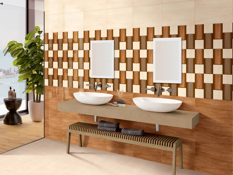 Beige Bathroom Design with HHG 3D Cylinder Oak Wood Tile and double sink